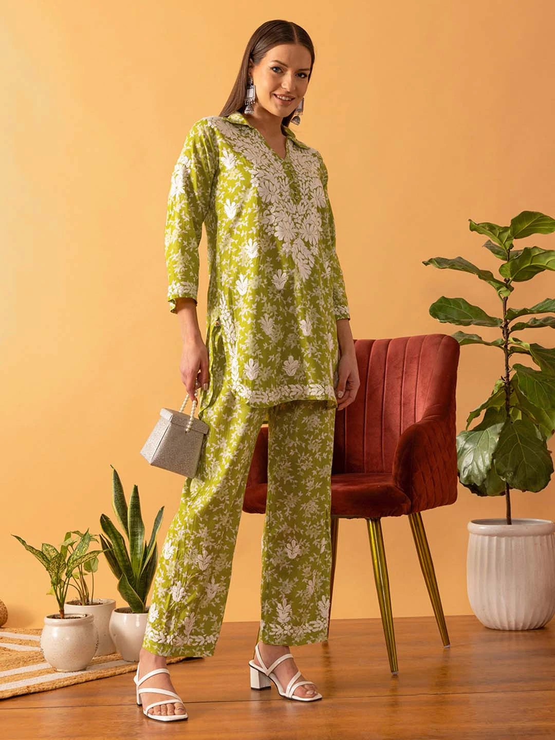 Ada Hand Embroidered Floral Printed Green Cotton Lucknowi Chikankari Co-Ord Set A811264