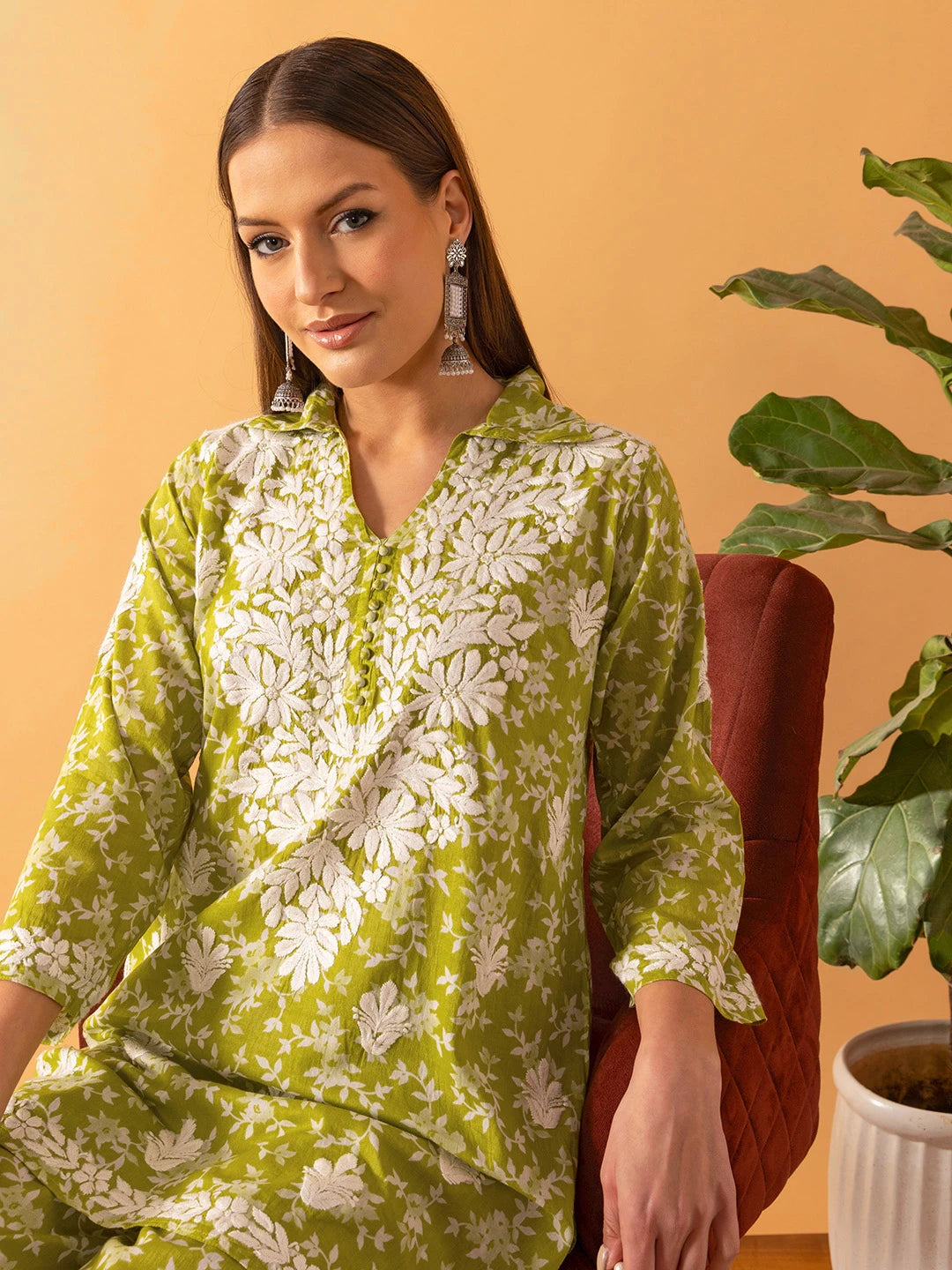 Ada Hand Embroidered Floral Printed Green Cotton Lucknowi Chikankari Co-Ord Set A811264