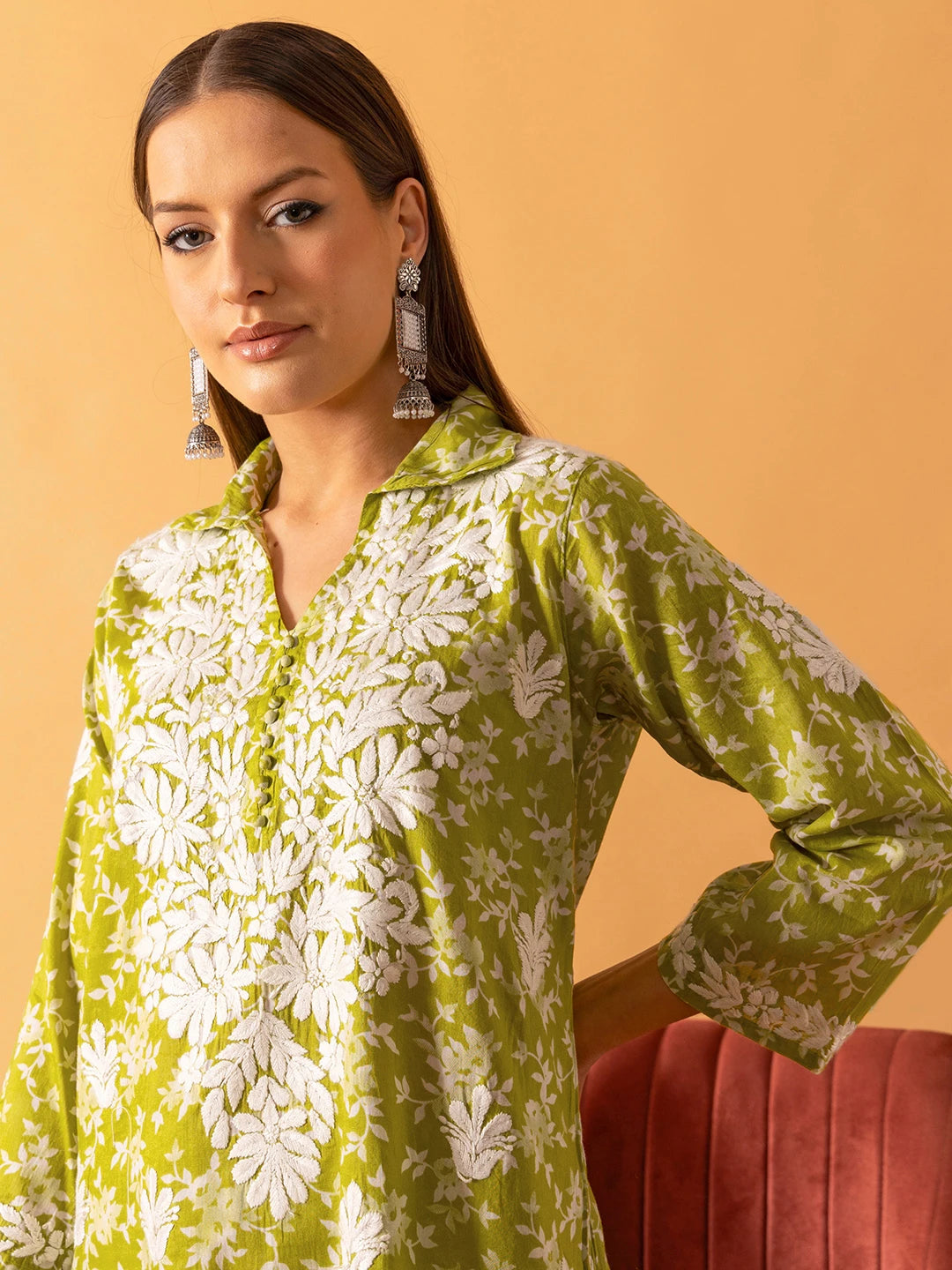 Ada Hand Embroidered Floral Printed Green Cotton Lucknowi Chikankari Co-Ord Set A811264