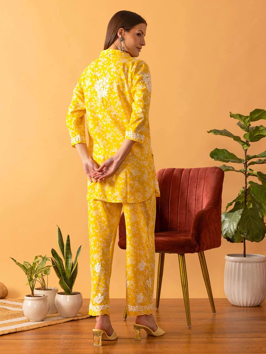 Ada Hand Embroidered Floral Printed Yellow Cotton Lucknowi Chikankari Co-Ord Set A811266