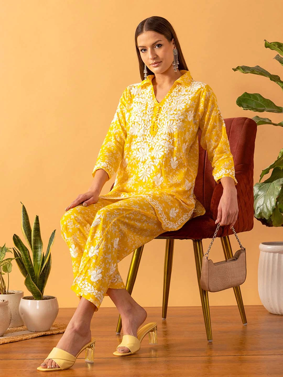 Ada Hand Embroidered Floral Printed Yellow Cotton Lucknowi Chikankari Co-Ord Set A811266