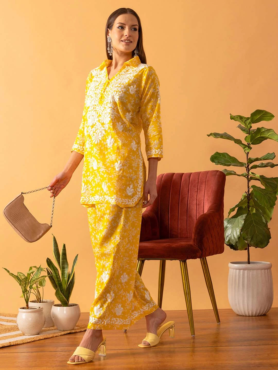 Ada Hand Embroidered Floral Printed Yellow Cotton Lucknowi Chikankari Co-Ord Set A811266