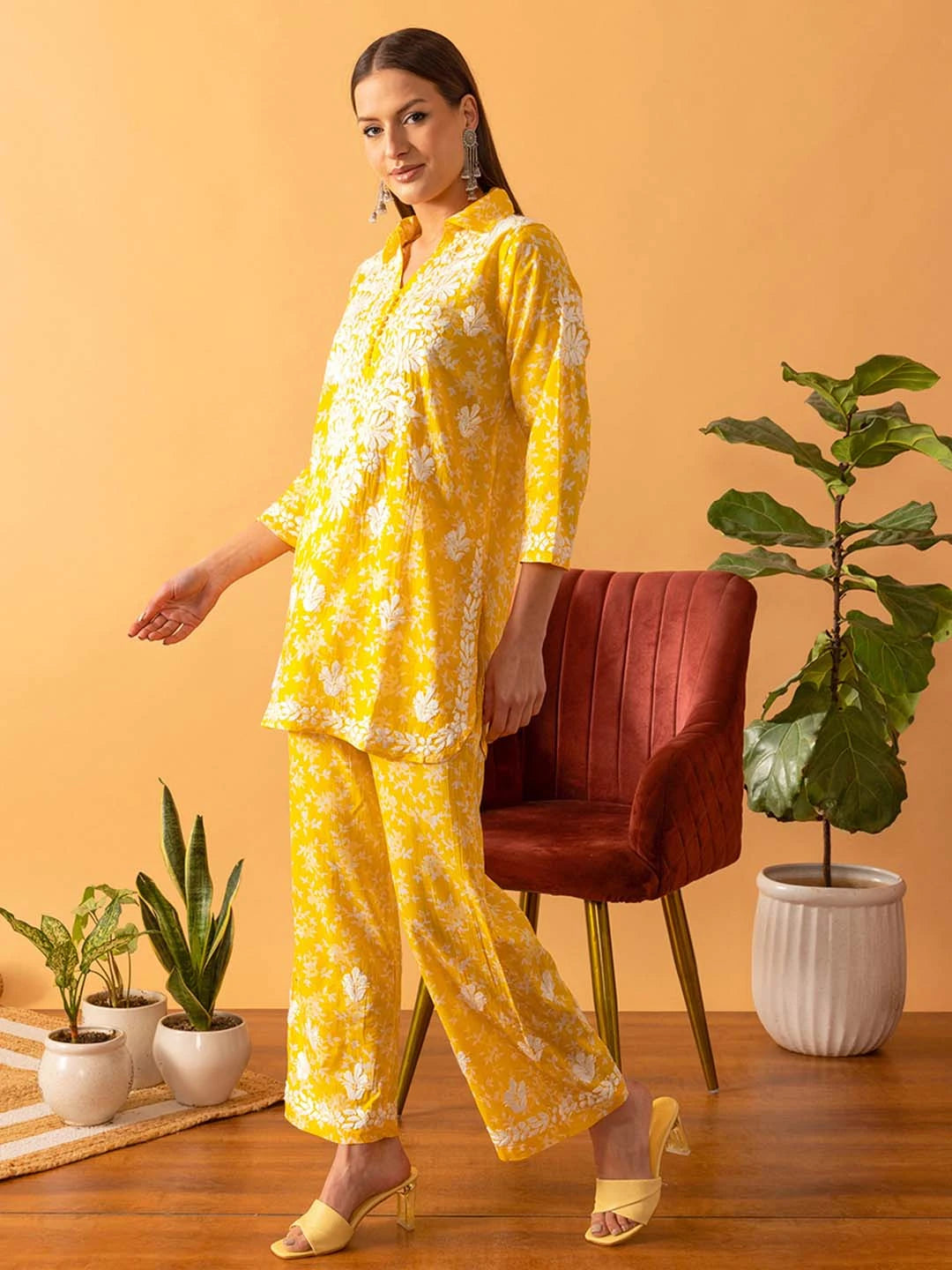 Ada Hand Embroidered Floral Printed Yellow Cotton Lucknowi Chikankari Co-Ord Set A811266