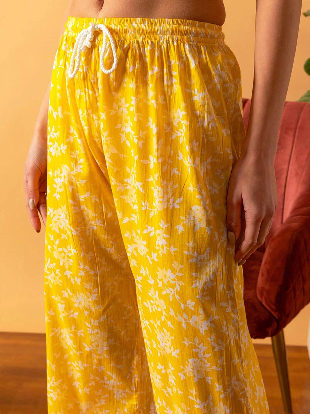 Ada Hand Embroidered Floral Printed Yellow Cotton Lucknowi Chikankari Co-Ord Set A811266