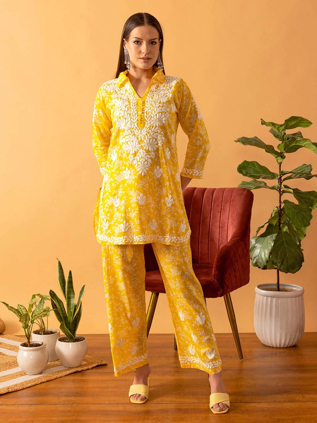 Ada Hand Embroidered Floral Printed Yellow Cotton Lucknowi Chikankari Co-Ord Set A811266