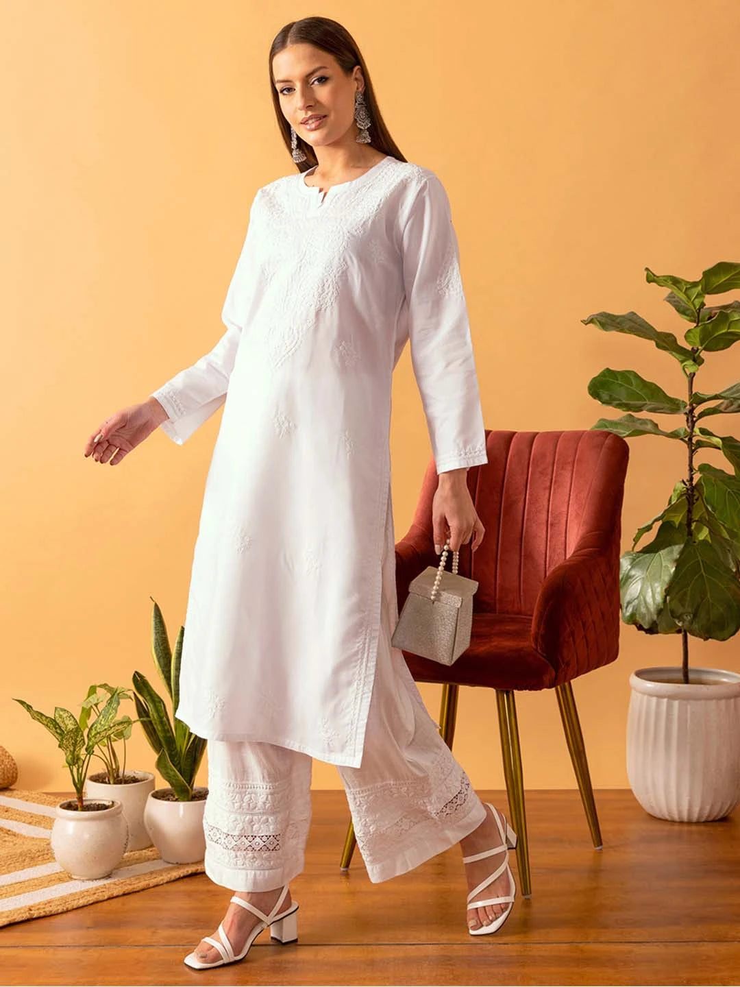 Ada Hand Embroidered White Cotton Lucknowi Chikankari Straight Kurta A100351