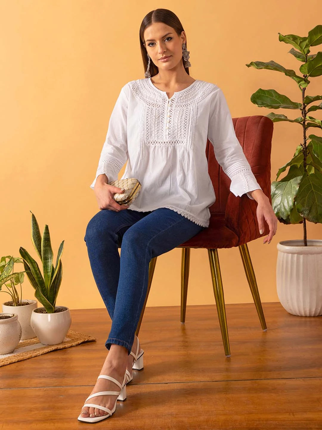 Ada Hand Embroidered White Cotton Lucknowi Chikankari A-Line Kurti A371889