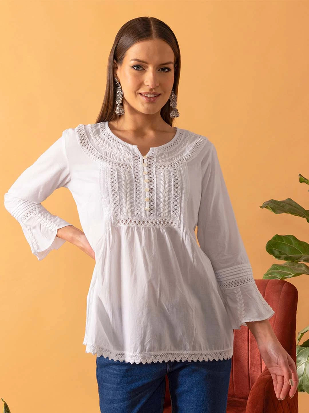 Ada Hand Embroidered White Cotton Lucknowi Chikankari A-Line Kurti A371889