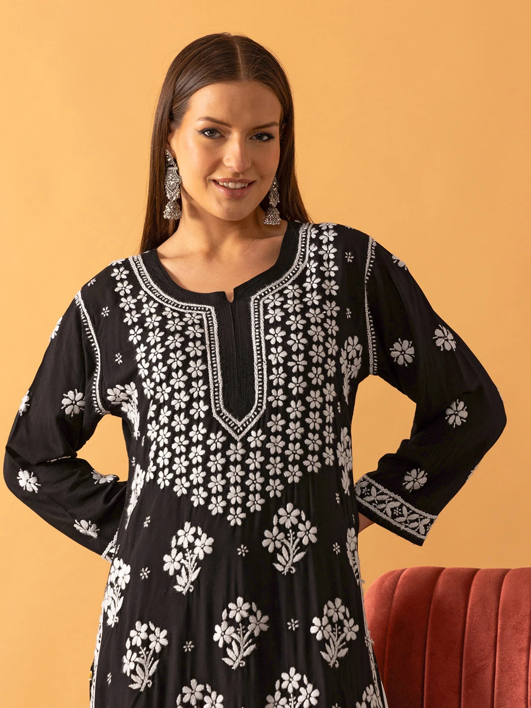 Ada Hand Embroidered Black Modal Lucknowi Chikankari Straight Kurta A411532