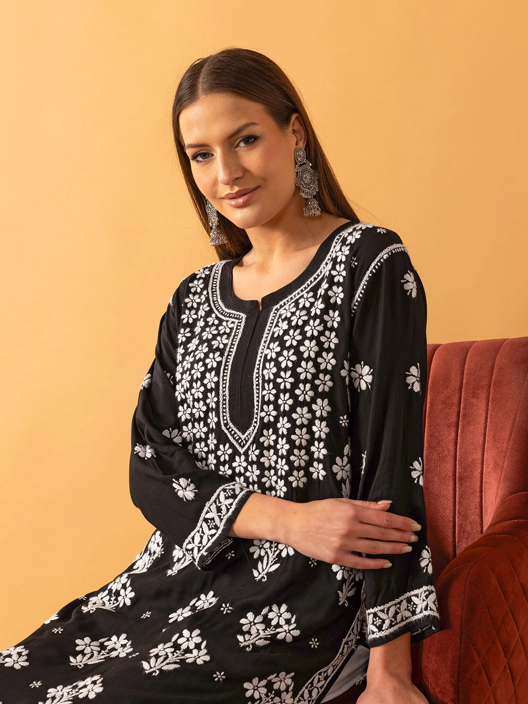 Ada Hand Embroidered Black Modal Lucknowi Chikankari Straight Kurta A411532