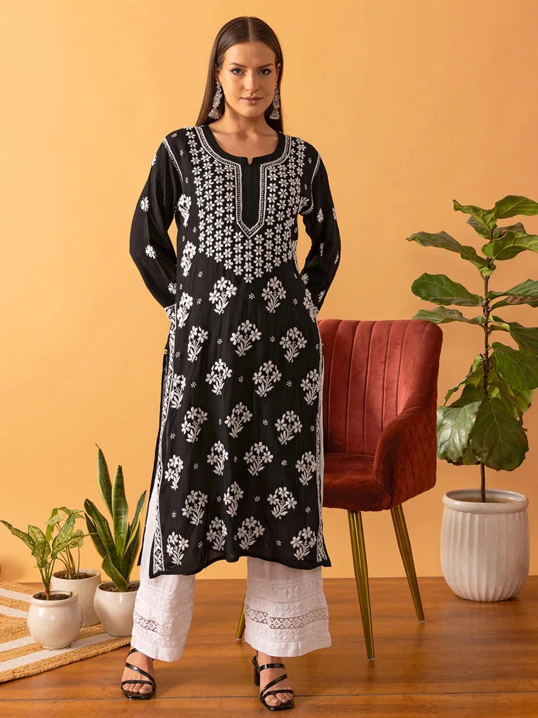 Ada Hand Embroidered Black Modal Lucknowi Chikankari Straight Kurta A411532