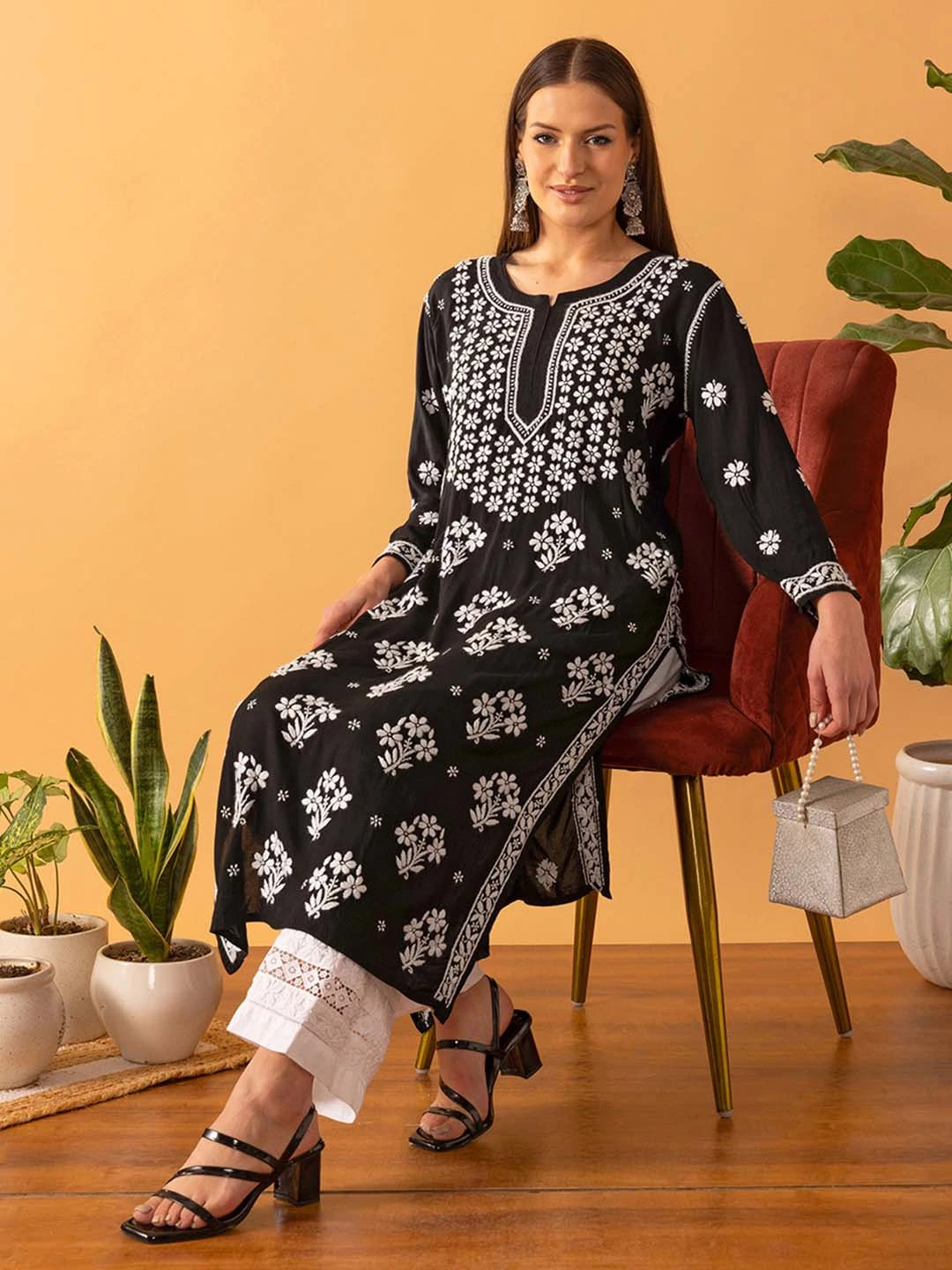 Ada Hand Embroidered Black Modal Lucknowi Chikankari Straight Kurta A411532