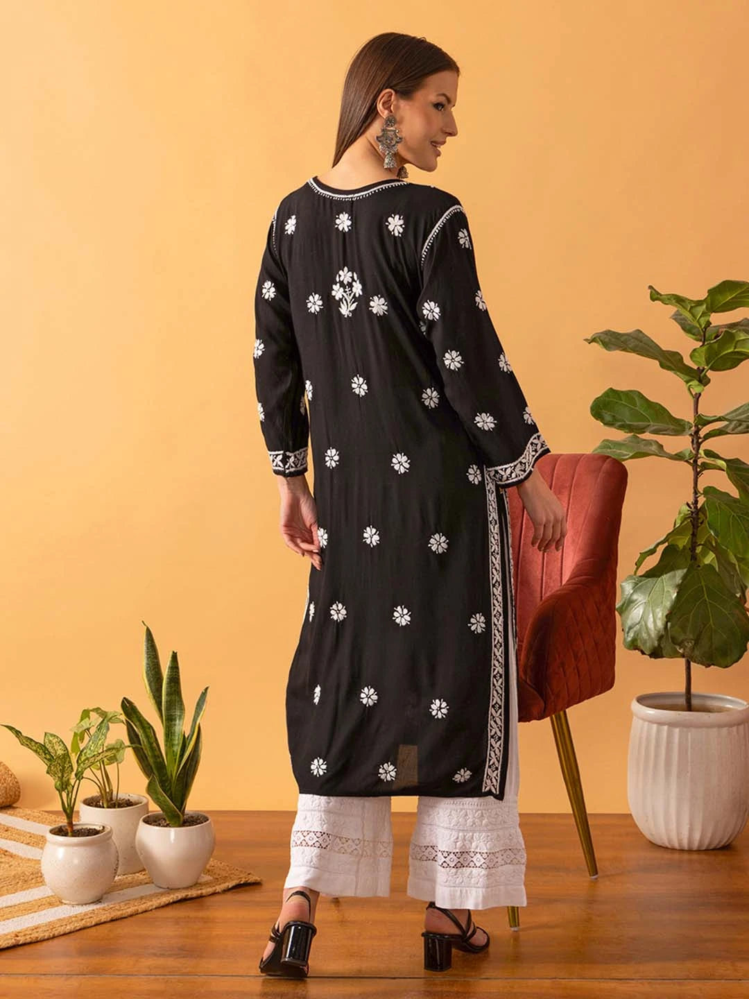 Ada Hand Embroidered Black Modal Lucknowi Chikankari Straight Kurta A411532