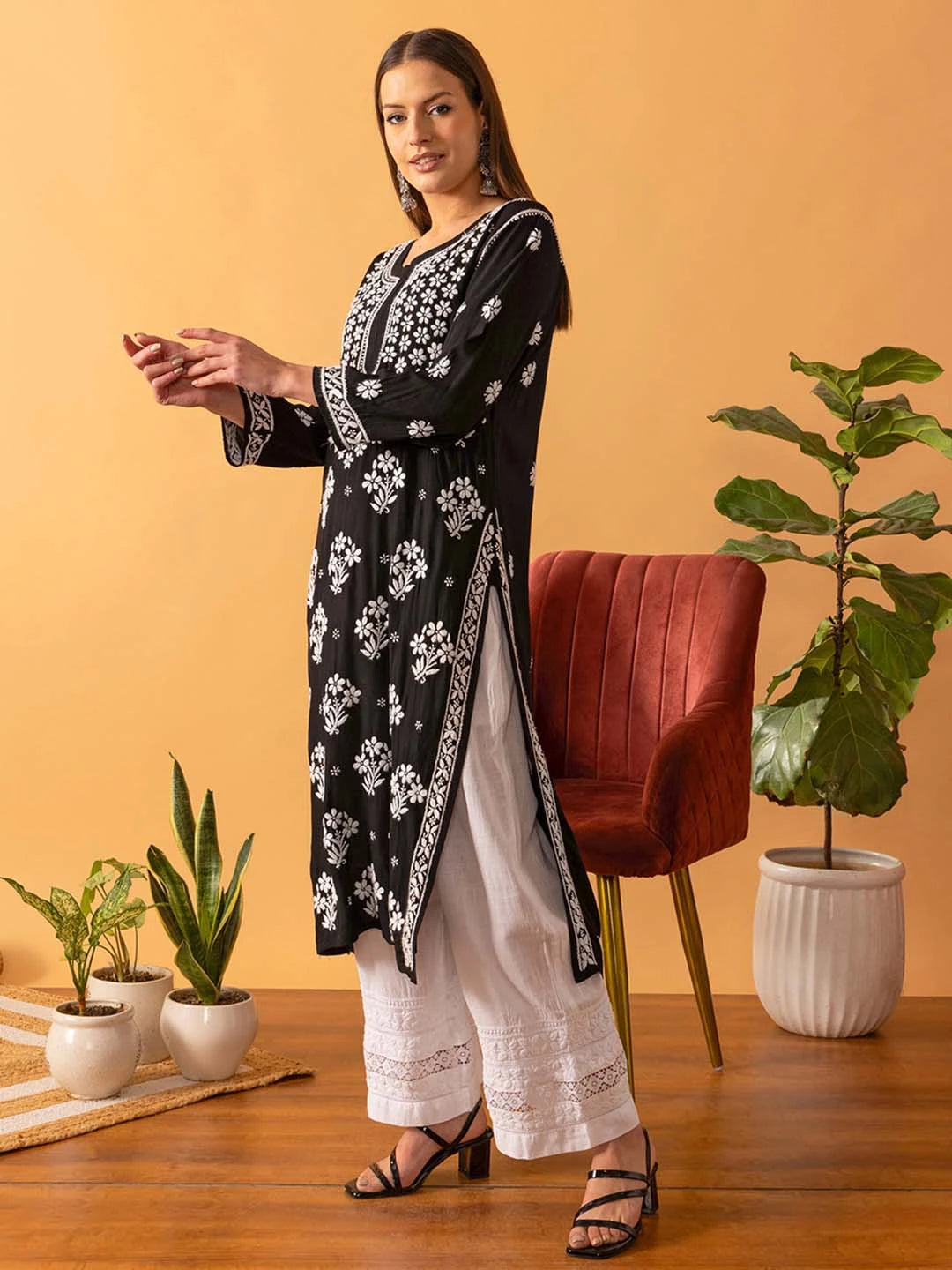 Ada Hand Embroidered Black Modal Lucknowi Chikankari Straight Kurta A411532