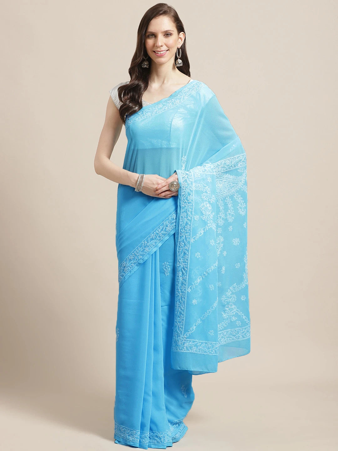 Ada Hand Embroidered Blue Georgette Lucknowi Chikankari Saree with Blouse A219375