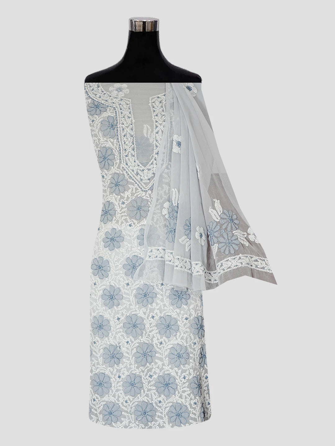 Ada Hand Embroidered Grey Georgette Lucknowi Chikankari Unstitched Suit Piece 01A545503