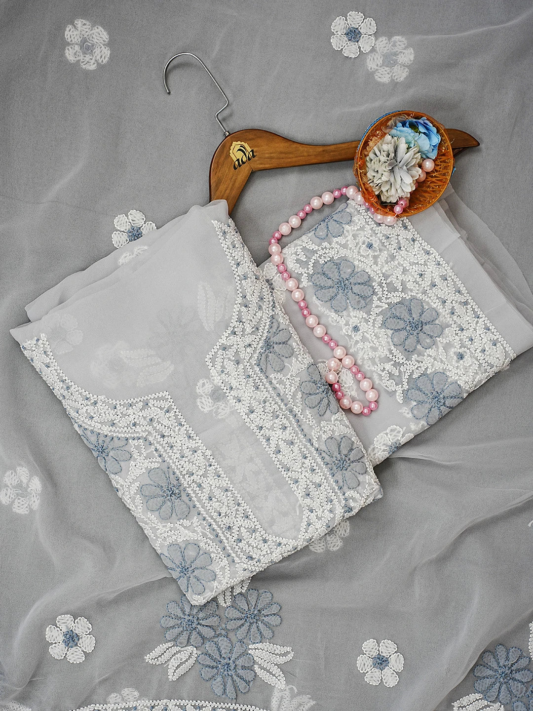 Ada Hand Embroidered Grey Georgette Lucknowi Chikankari Unstitched Suit Piece 01A545503