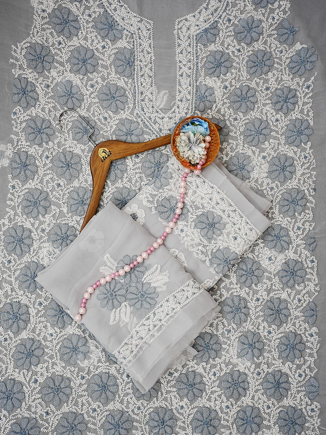 Ada Hand Embroidered Grey Georgette Lucknowi Chikankari Unstitched Suit Piece 01A545503