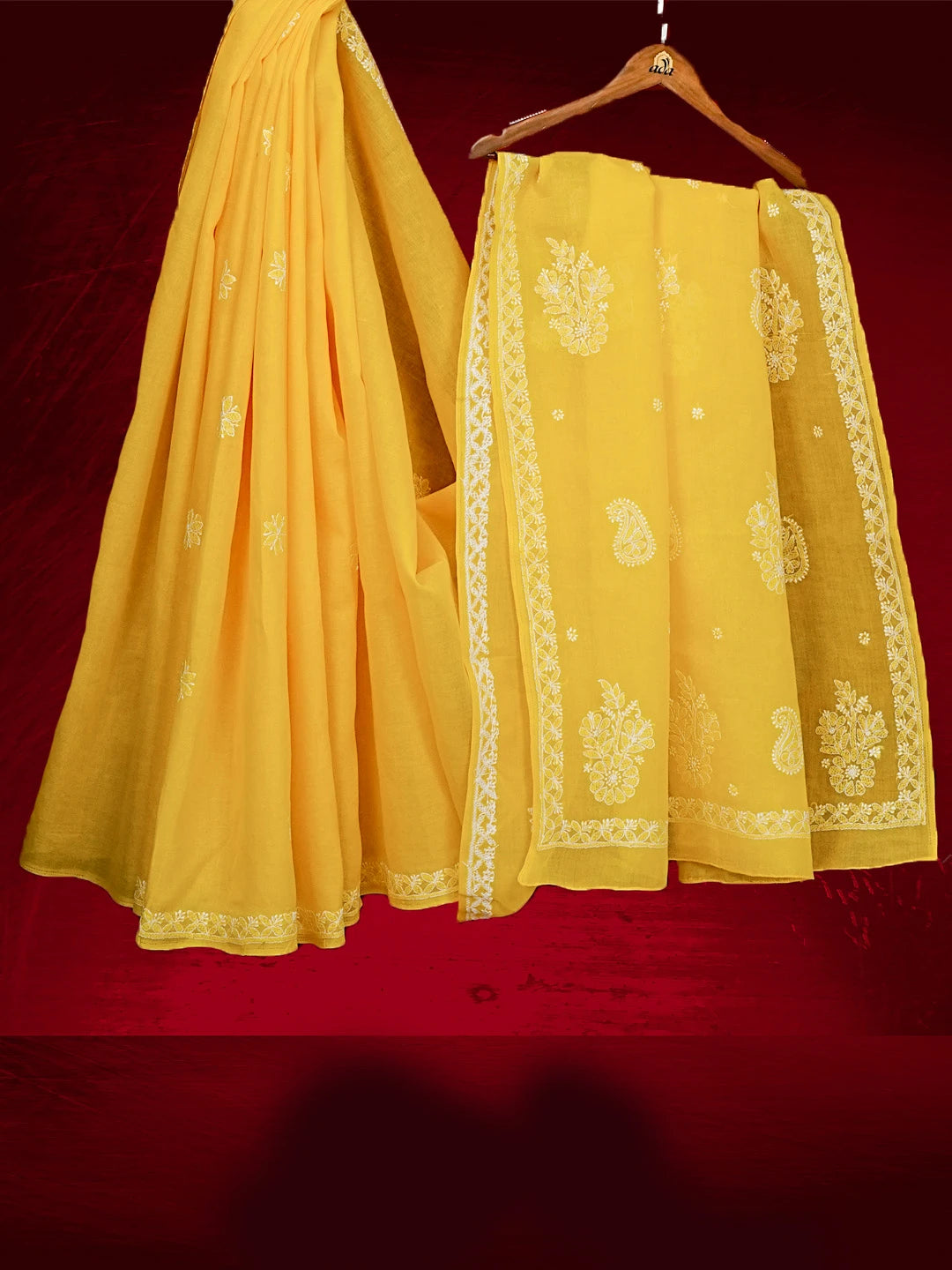 Ada Hand Embroidered Yellow Cotton Lucknowi Chikankari Saree With Blouse 01A542855