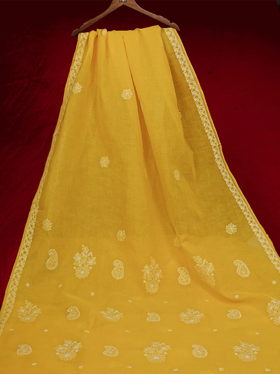 Ada Hand Embroidered Yellow Cotton Lucknowi Chikankari Saree With Blouse 01A542855