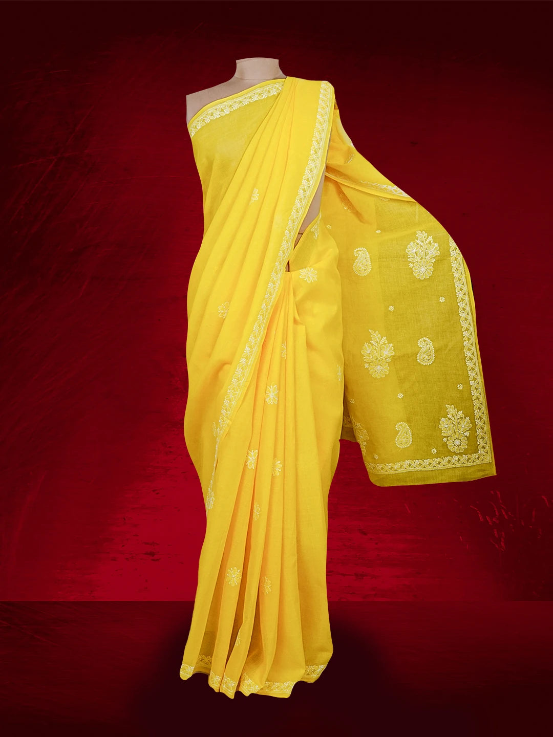 Ada Hand Embroidered Yellow Cotton Lucknowi Chikankari Saree With Blouse 01A542855