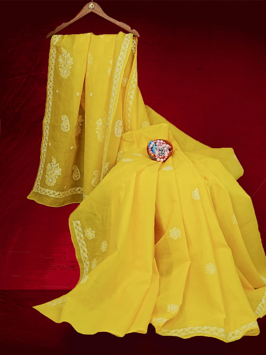 Ada Hand Embroidered Yellow Cotton Lucknowi Chikankari Saree With Blouse 01A542855