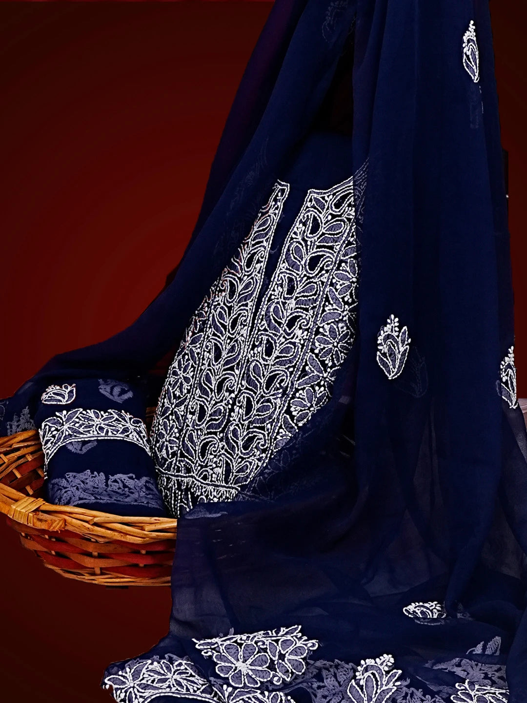 Ada Hand Embroidered Navy Blue Georgette Lucknowi Chikankari Unstitched Suit Piece 01A545500