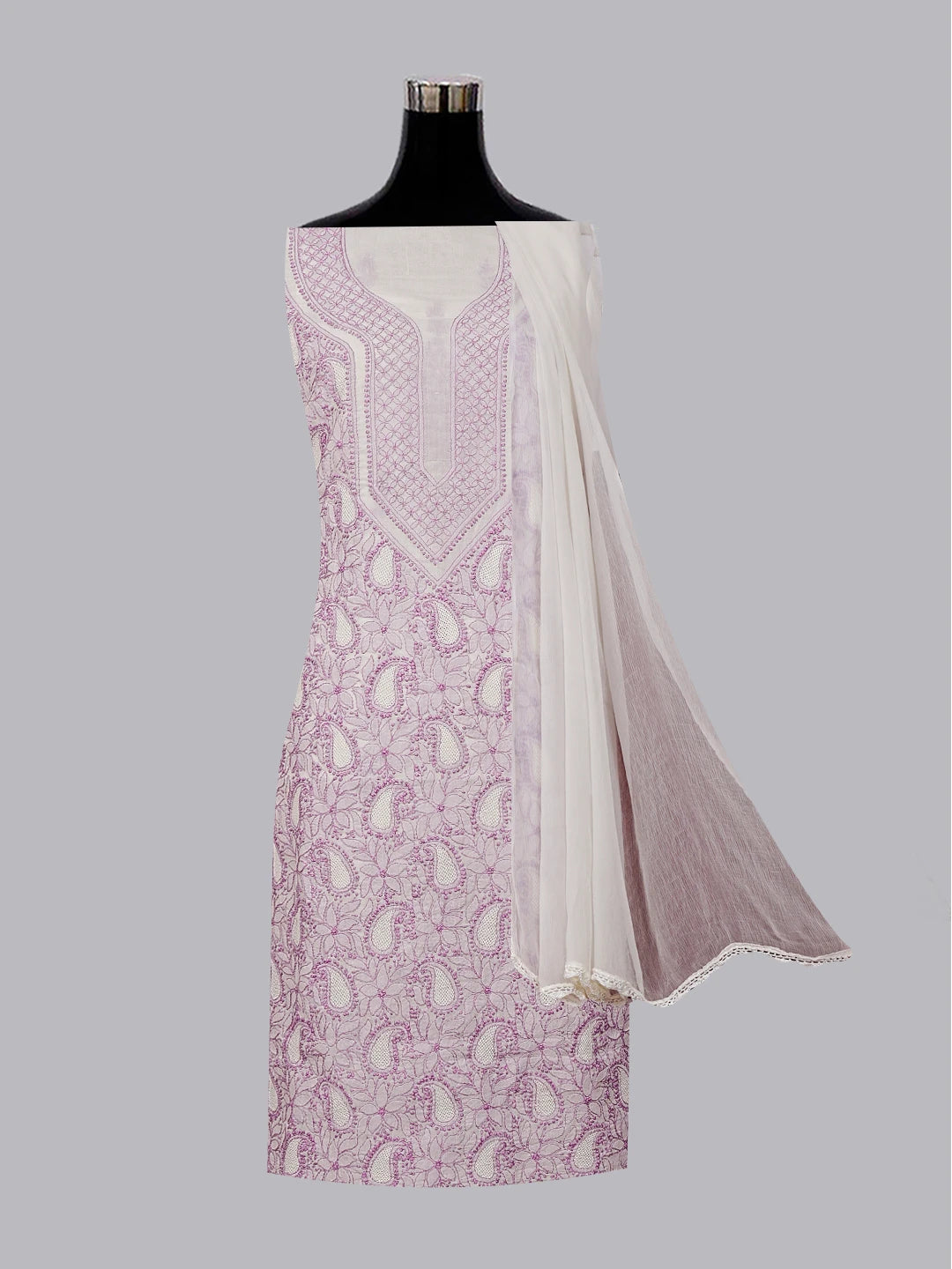 Ada Hand Embroidered Cream Cotton Lucknowi Chikan Unstitched Suit Piece 01A547473