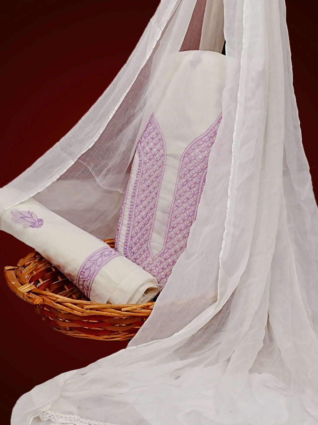 Ada Hand Embroidered Cream Cotton Lucknowi Chikan Unstitched Suit Piece 01A547473