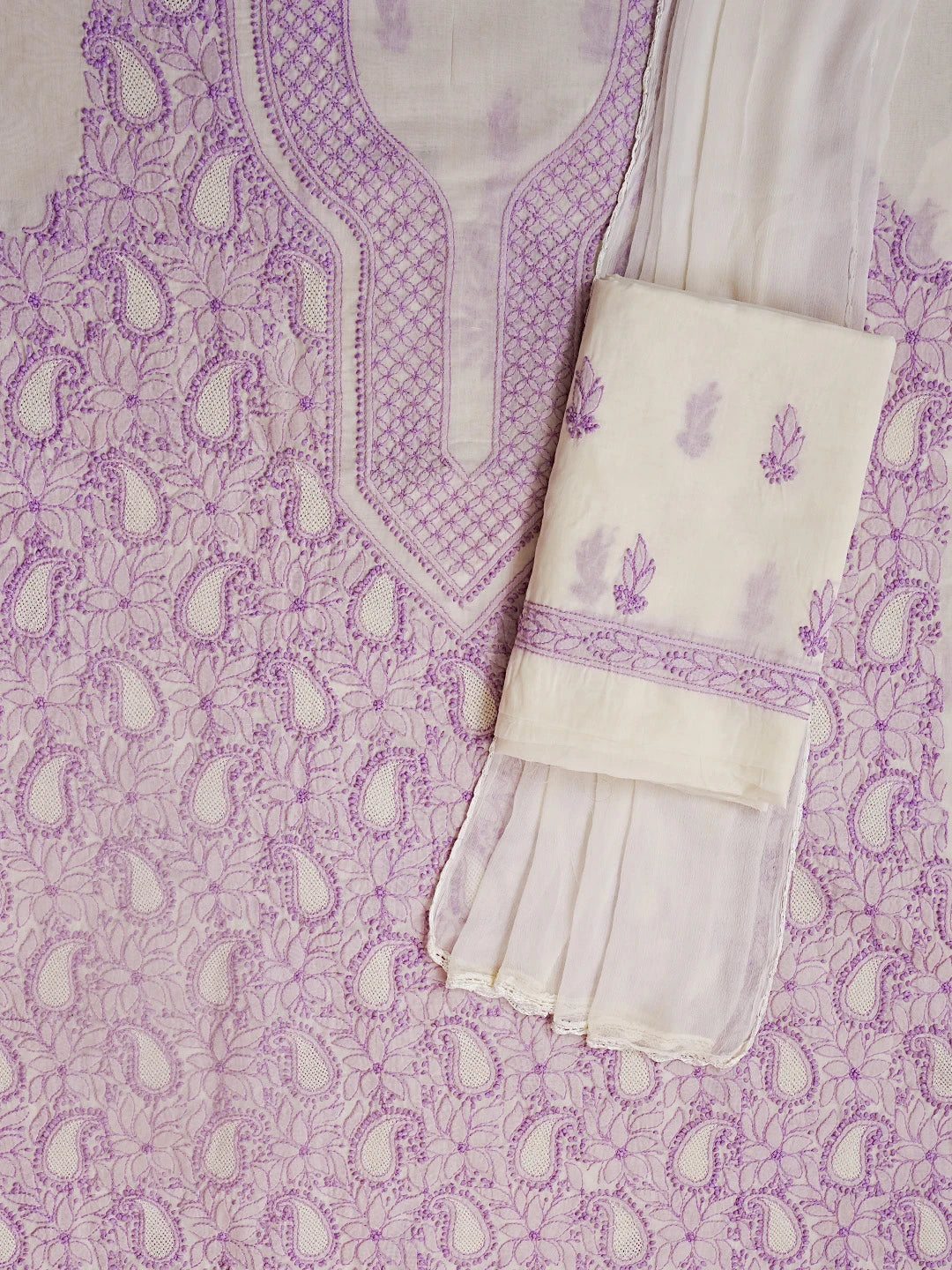 Ada Hand Embroidered Cream Cotton Lucknowi Chikan Unstitched Suit Piece 01A547473