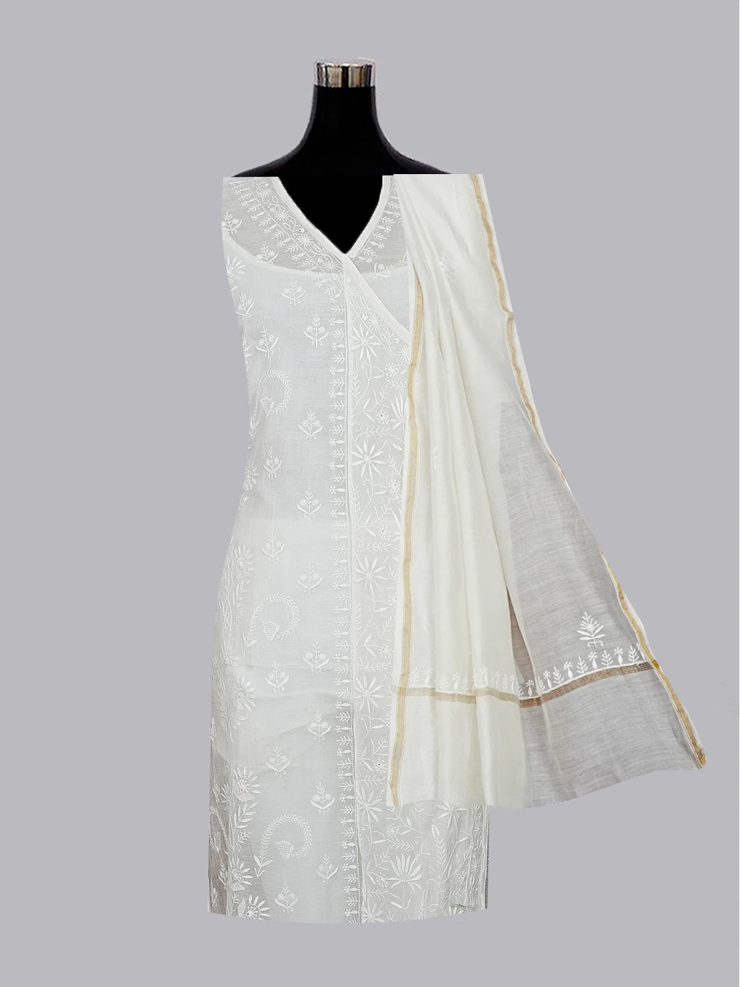 Ada Hand Embroidered Ivory White Chanderi Lucknowi Chikankari Semi-stitched Kurta Dupatta Set 01A545459