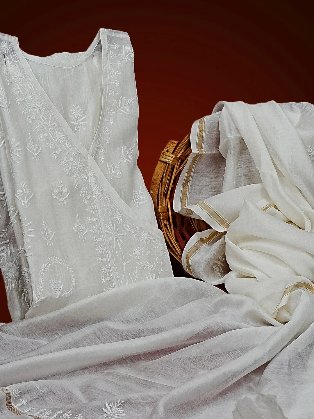 Ada Hand Embroidered Ivory White Chanderi Lucknowi Chikankari Semi-stitched Kurta Dupatta Set 01A545459
