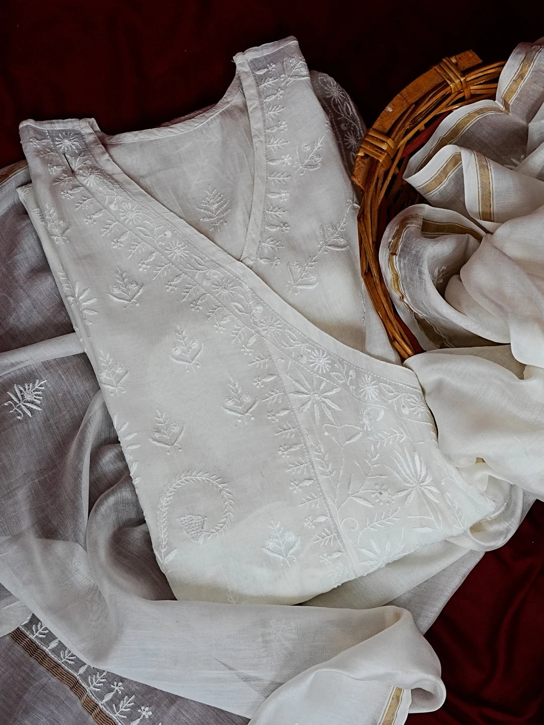 Ada Hand Embroidered Ivory White Chanderi Lucknowi Chikankari Semi-stitched Kurta Dupatta Set 01A545459