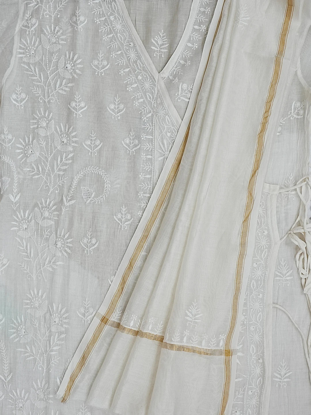 Ada Hand Embroidered Ivory White Chanderi Lucknowi Chikankari Semi-stitched Kurta Dupatta Set 01A545459
