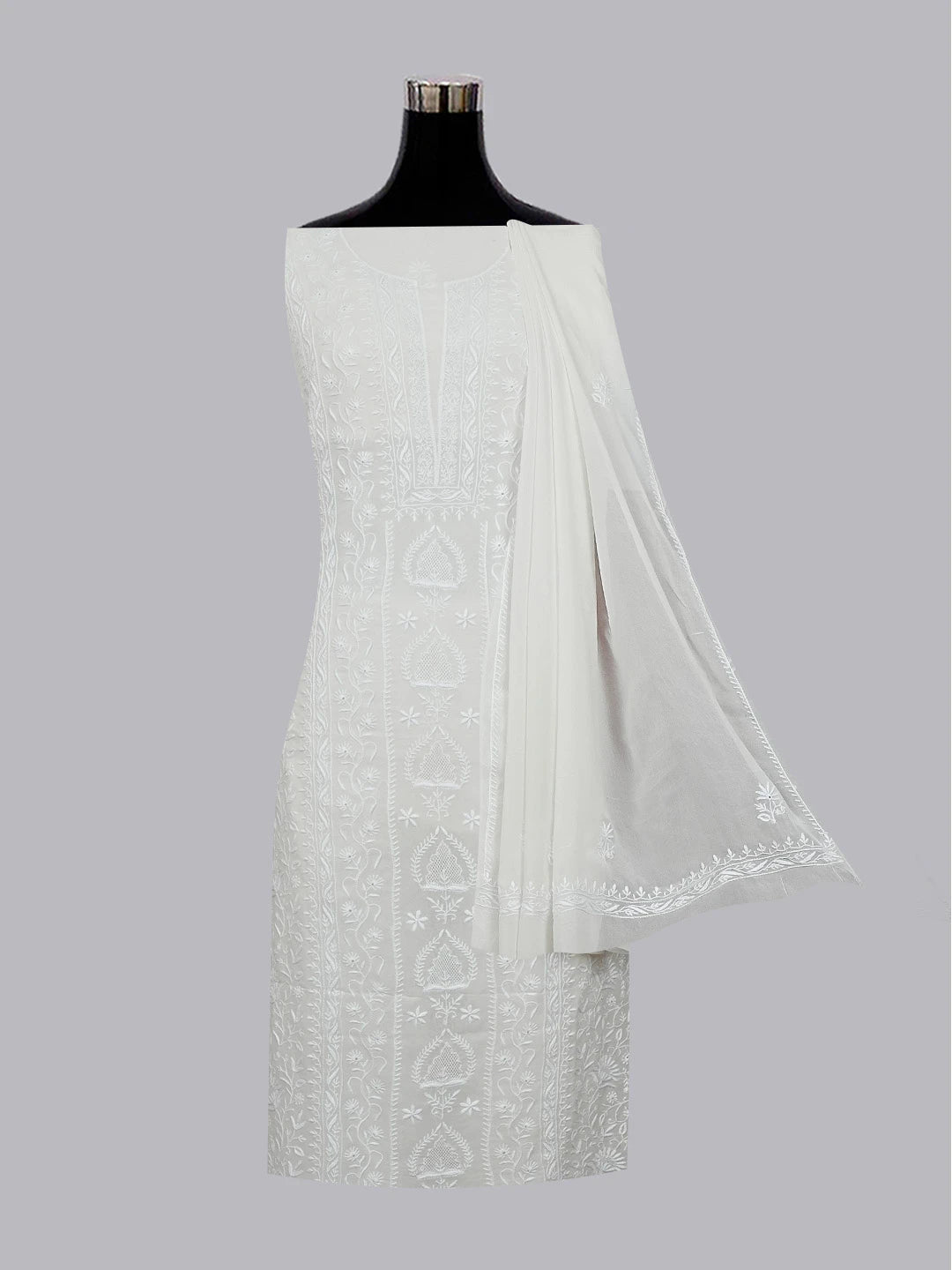 Ada Hand Embroidered White Pure Georgette Lucknowi Chikankari Unstitched Kurta Dupatta Set 01A545449