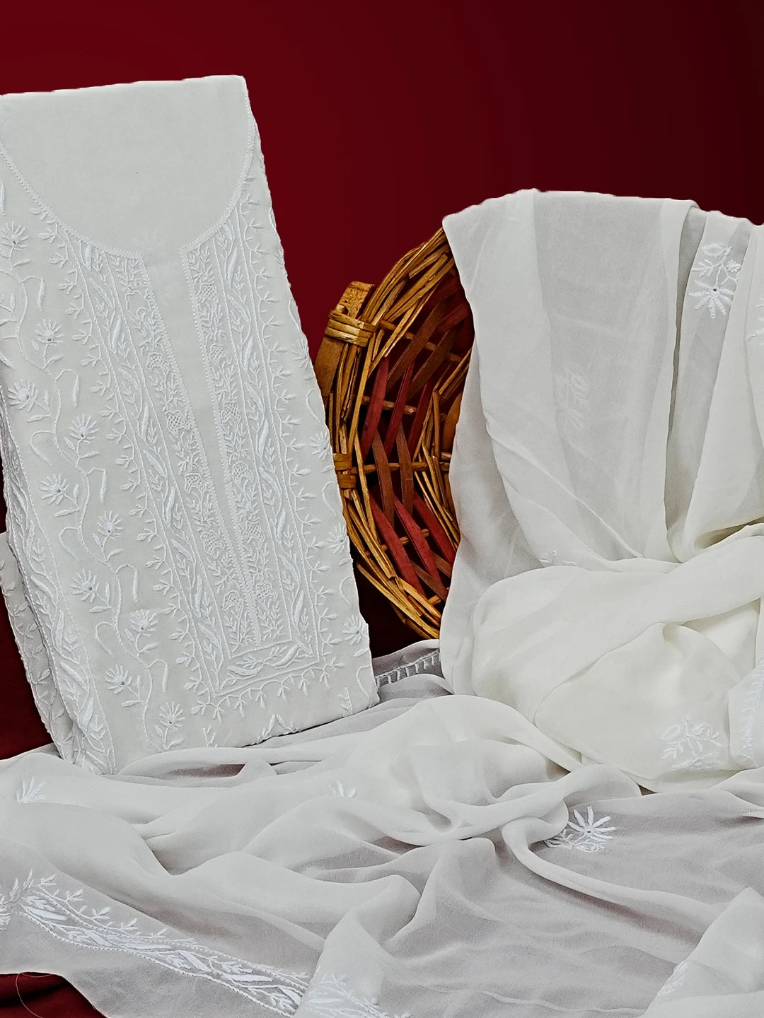 Ada Hand Embroidered White Pure Georgette Lucknowi Chikankari Unstitched Kurta Dupatta Set 01A545449
