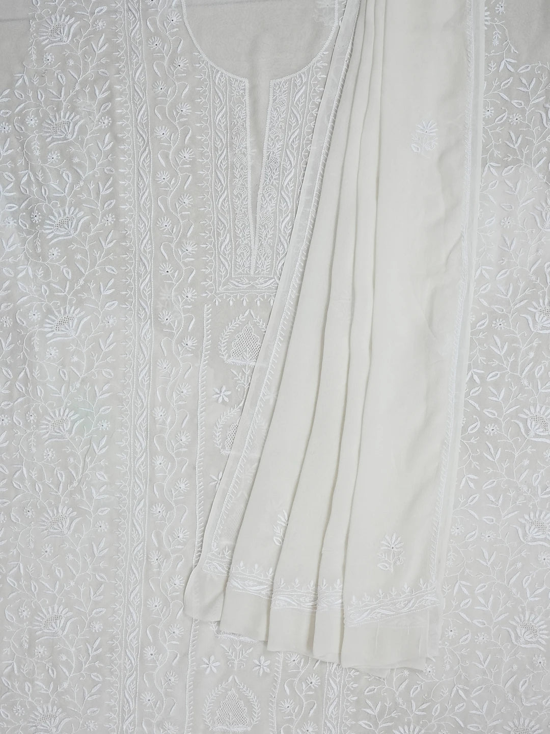 Ada Hand Embroidered White Pure Georgette Lucknowi Chikankari Unstitched Kurta Dupatta Set 01A545449