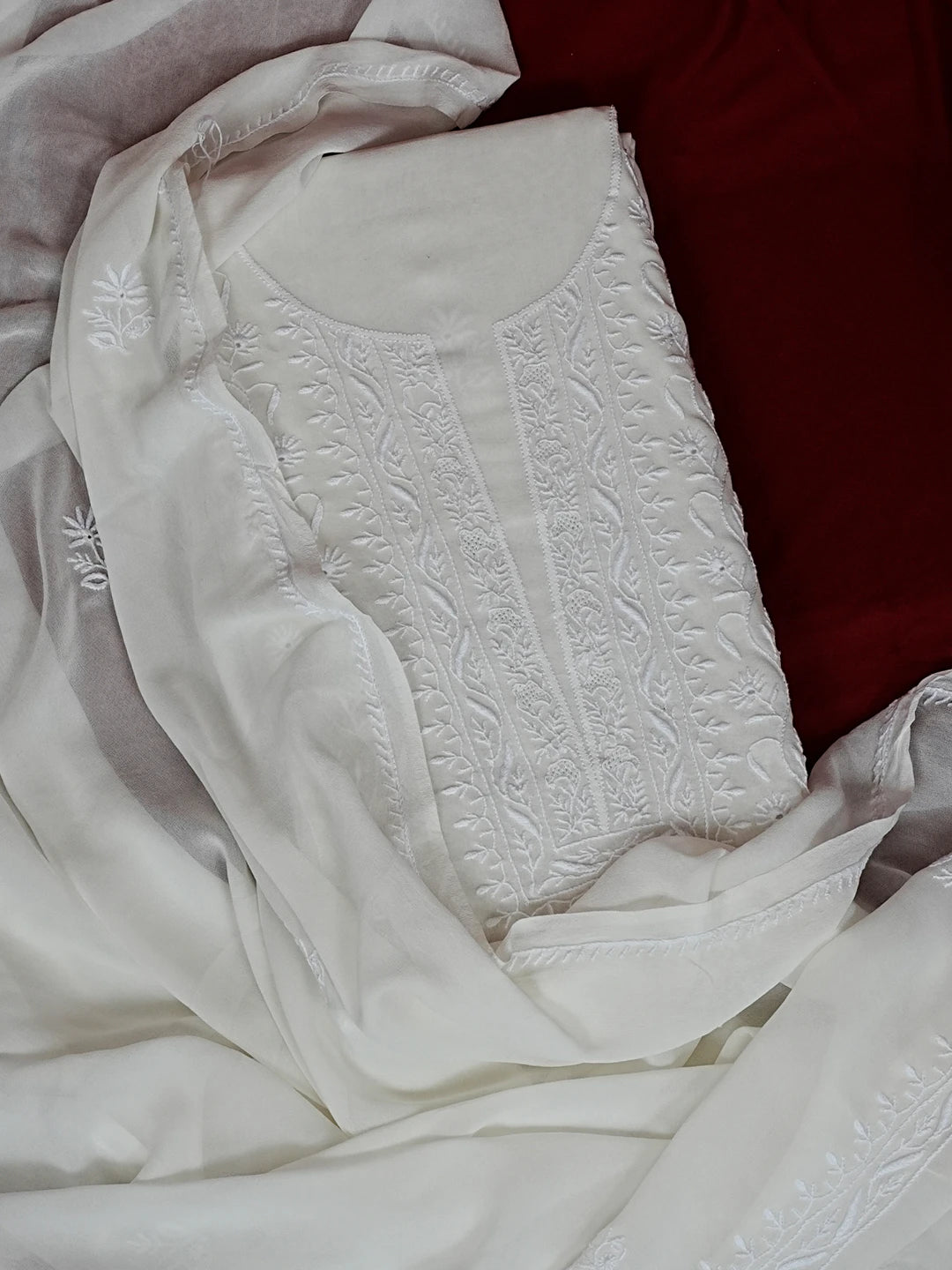 Ada Hand Embroidered White Pure Georgette Lucknowi Chikankari Unstitched Kurta Dupatta Set 01A545449