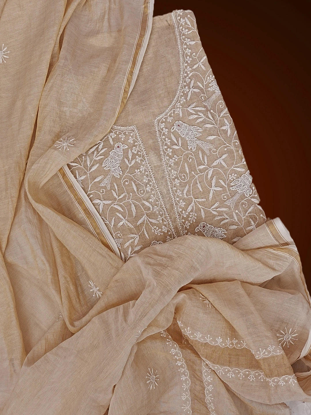 Ada Hand Embroidered Fawn Tissue Chikankari Unstitched Kurta Dupatta Set With Pearl Work 01A548473
