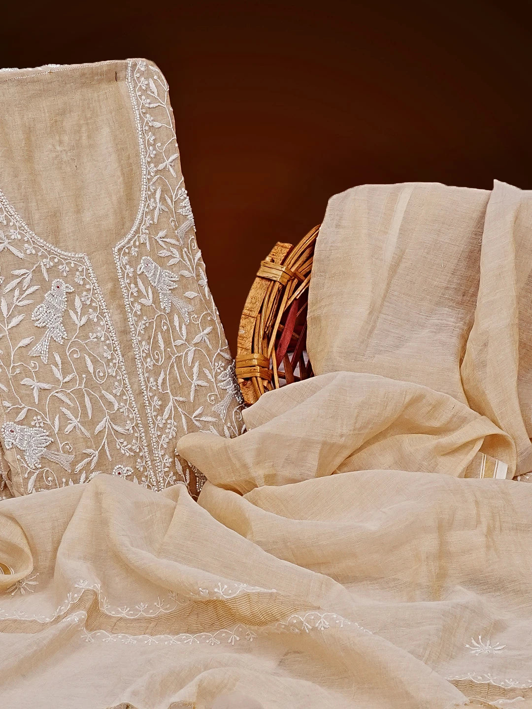 Ada Hand Embroidered Fawn Tissue Chikankari Unstitched Kurta Dupatta Set With Pearl Work 01A548473