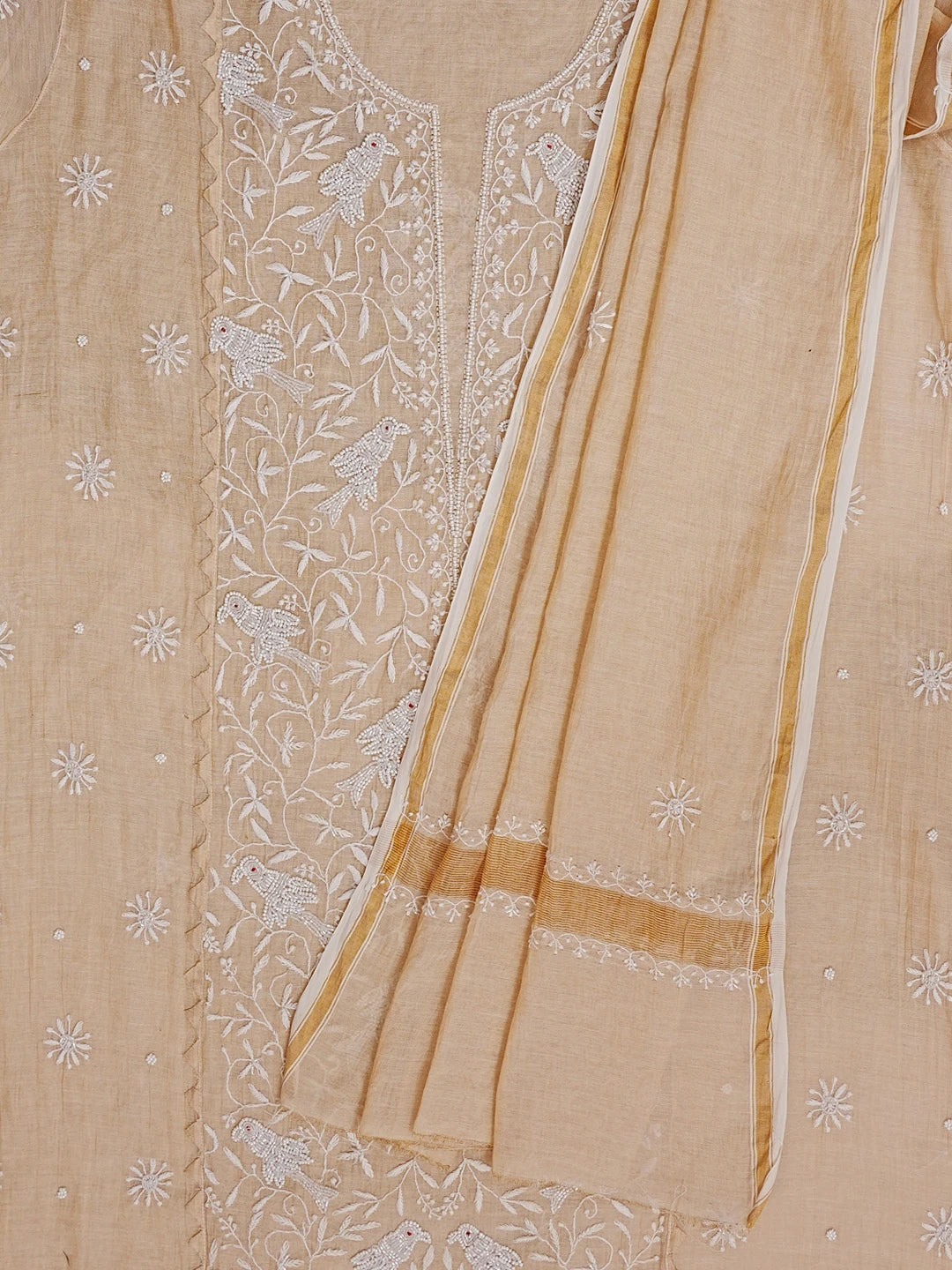 Ada Hand Embroidered Fawn Tissue Chikankari Unstitched Kurta Dupatta Set With Pearl Work 01A548473
