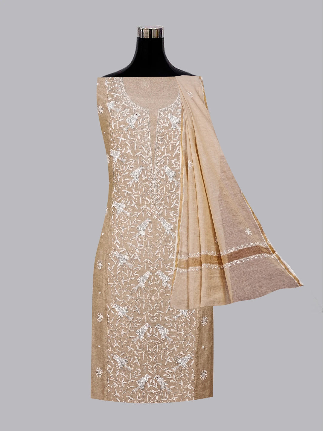 Ada Hand Embroidered Fawn Tissue Chikankari Unstitched Kurta Dupatta Set With Pearl Work 01A548473