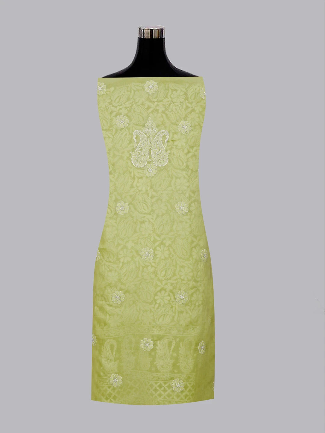 Ada Hand Embroidered Lime Green Cotton Lucknowi Chikankari Unstitched Suit Piece 01A547808