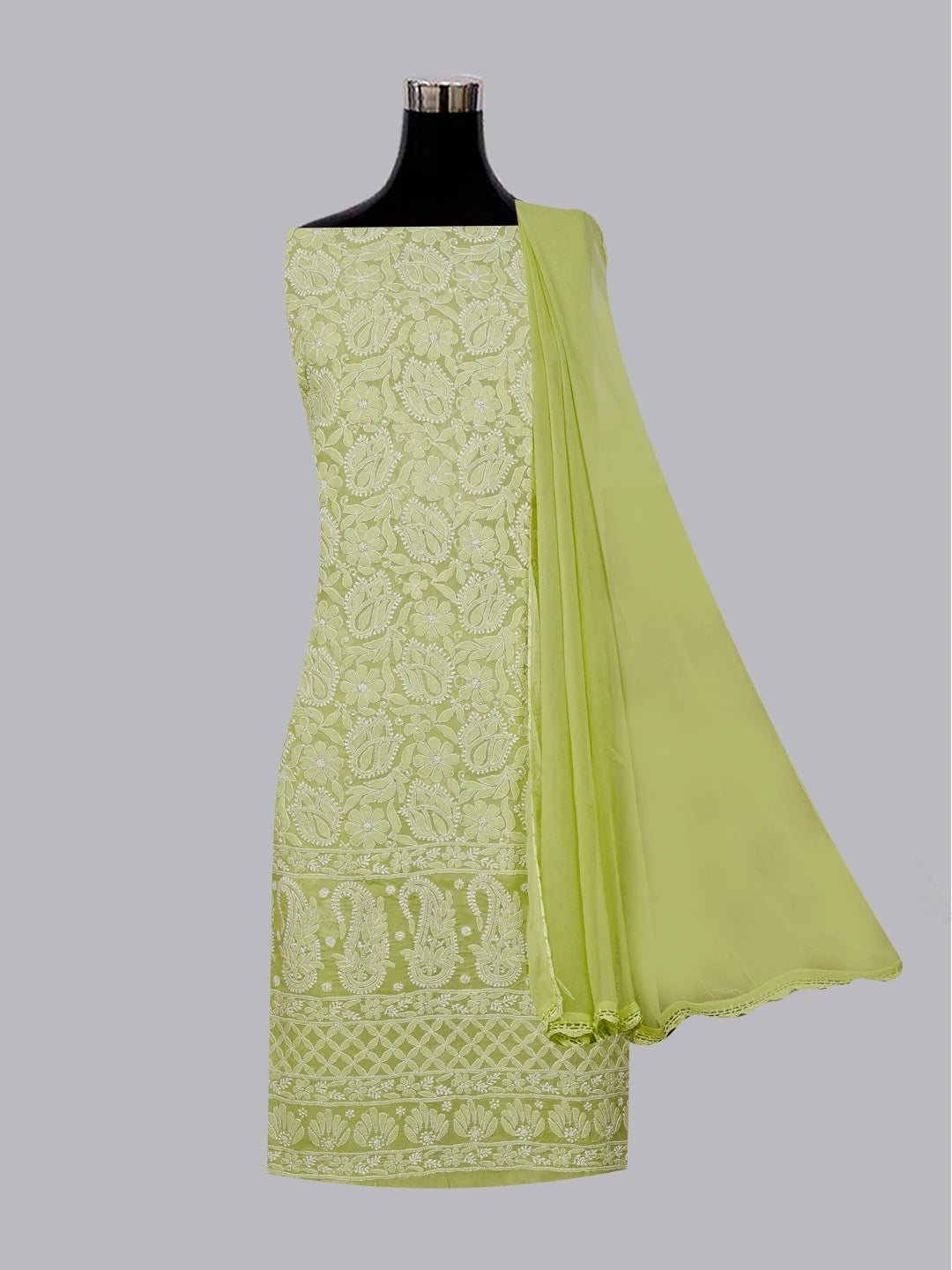 Ada Hand Embroidered Lime Green Cotton Lucknowi Chikankari Unstitched Suit Piece 01A547808