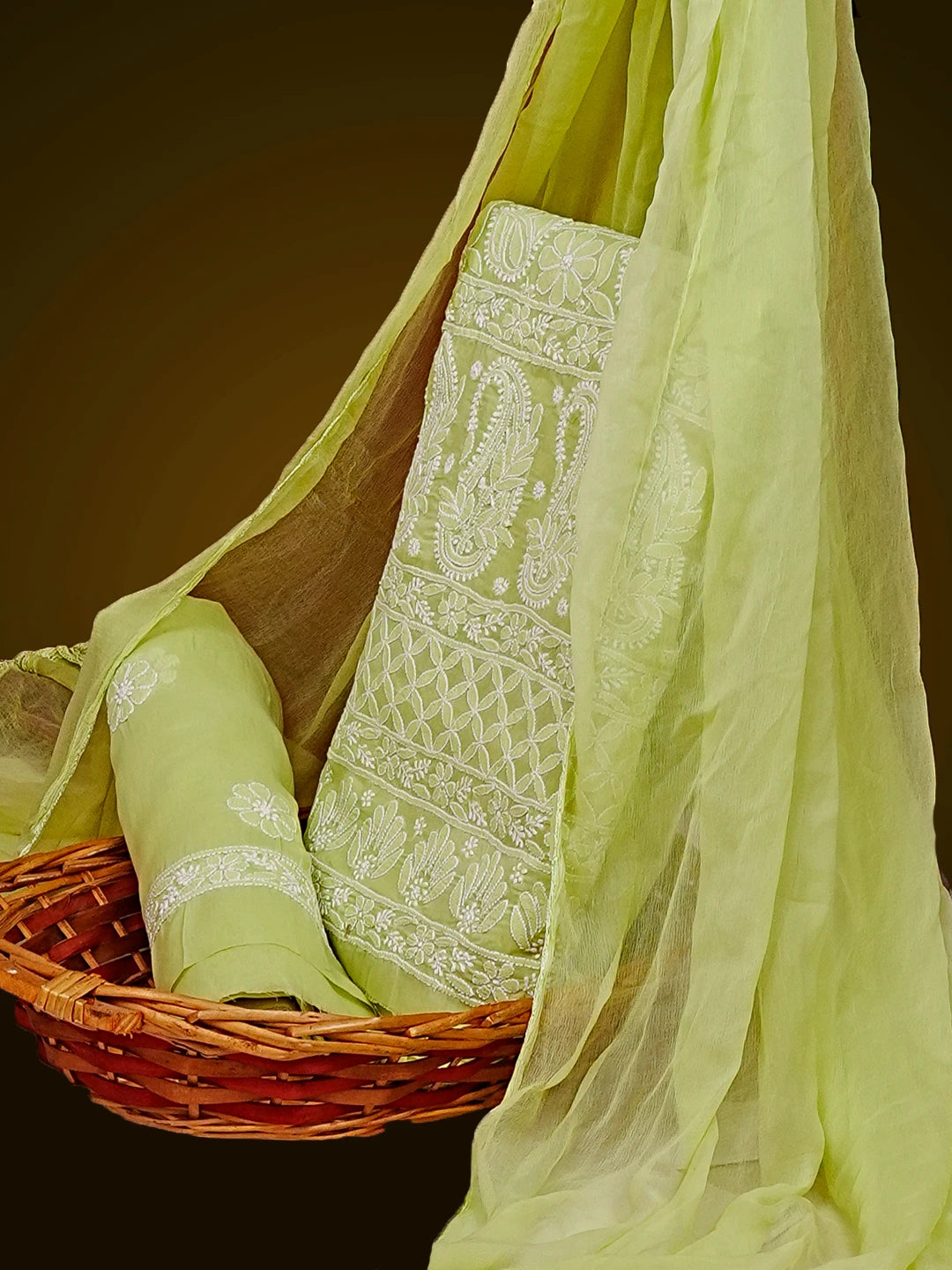 Ada Hand Embroidered Lime Green Cotton Lucknowi Chikankari Unstitched Suit Piece 01A547808