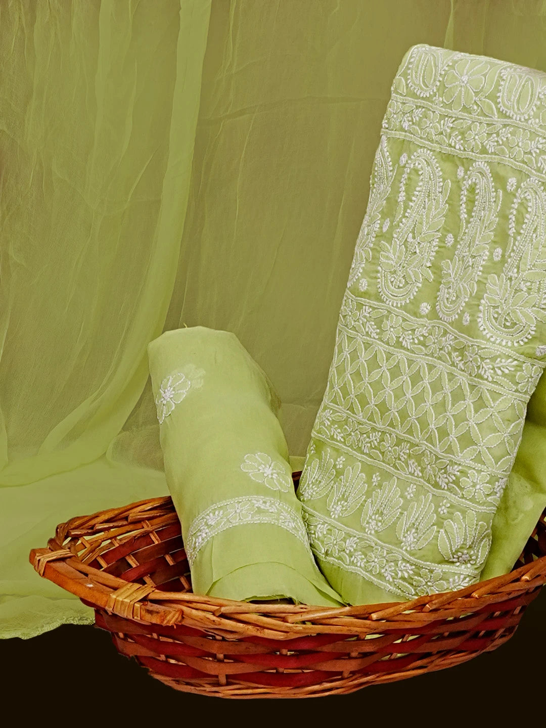 Ada Hand Embroidered Lime Green Cotton Lucknowi Chikankari Unstitched Suit Piece 01A547808