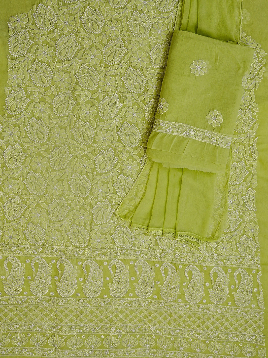 Ada Hand Embroidered Lime Green Cotton Lucknowi Chikankari Unstitched Suit Piece 01A547808