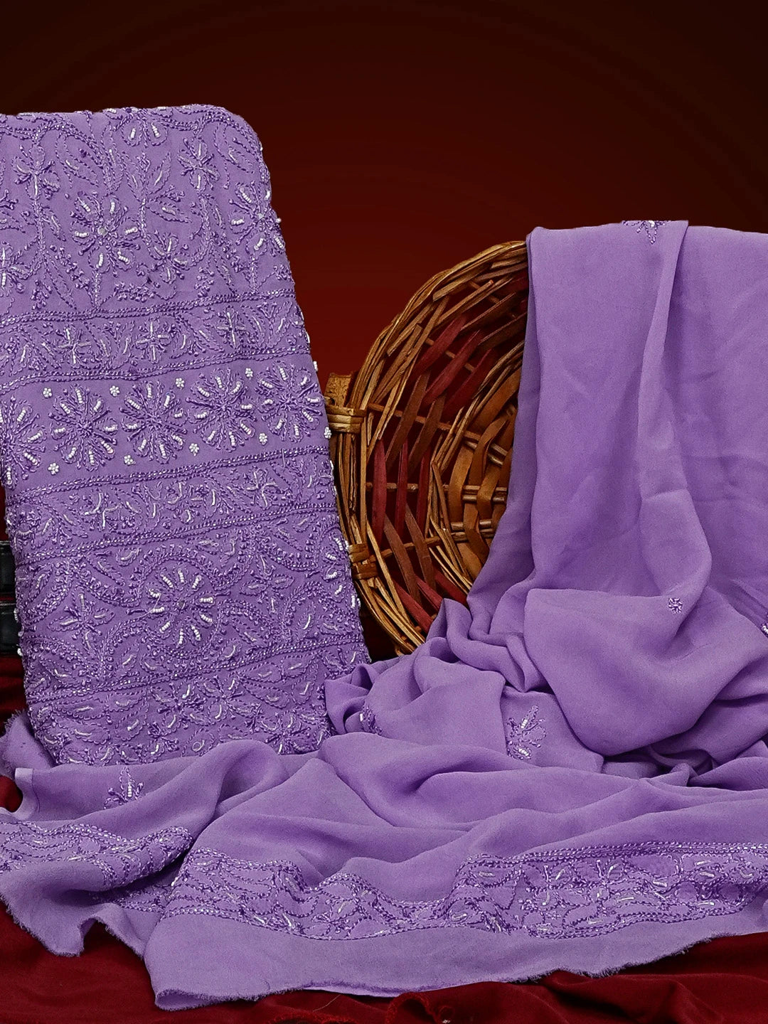 Ada Hand Embroidered Mauve Viscose Georgette Lucknowi Chikankari Unstitched Kurta Dupatta Set With Pearl Work 01A327905