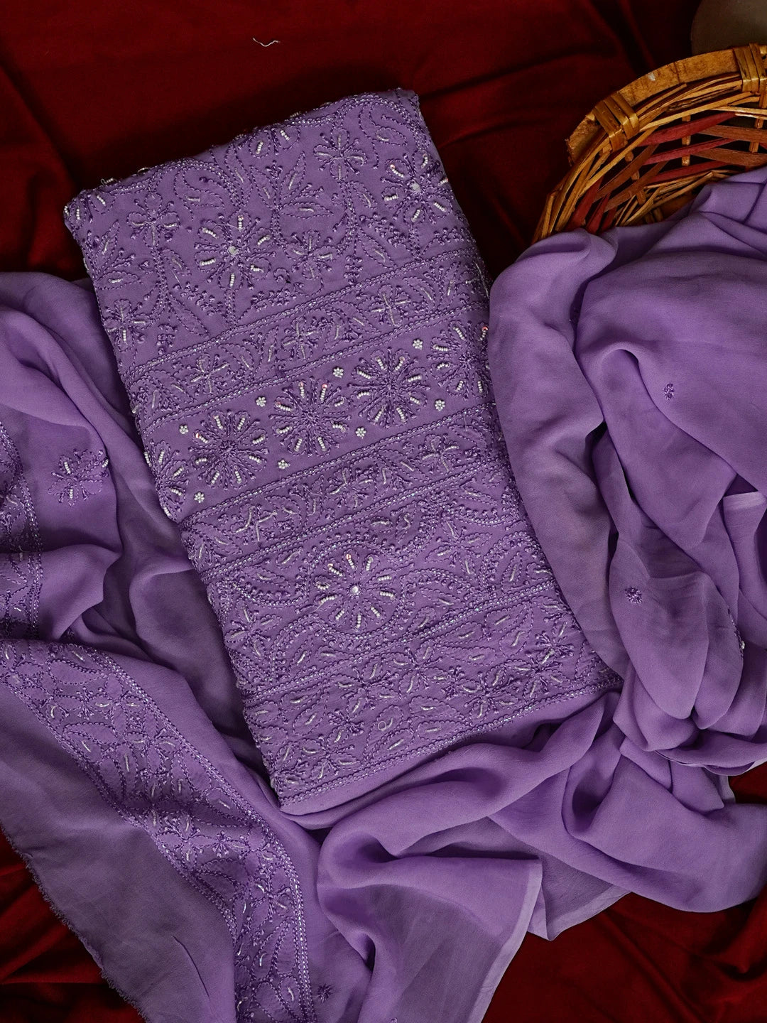 Ada Hand Embroidered Mauve Viscose Georgette Lucknowi Chikankari Unstitched Kurta Dupatta Set With Pearl Work 01A327905