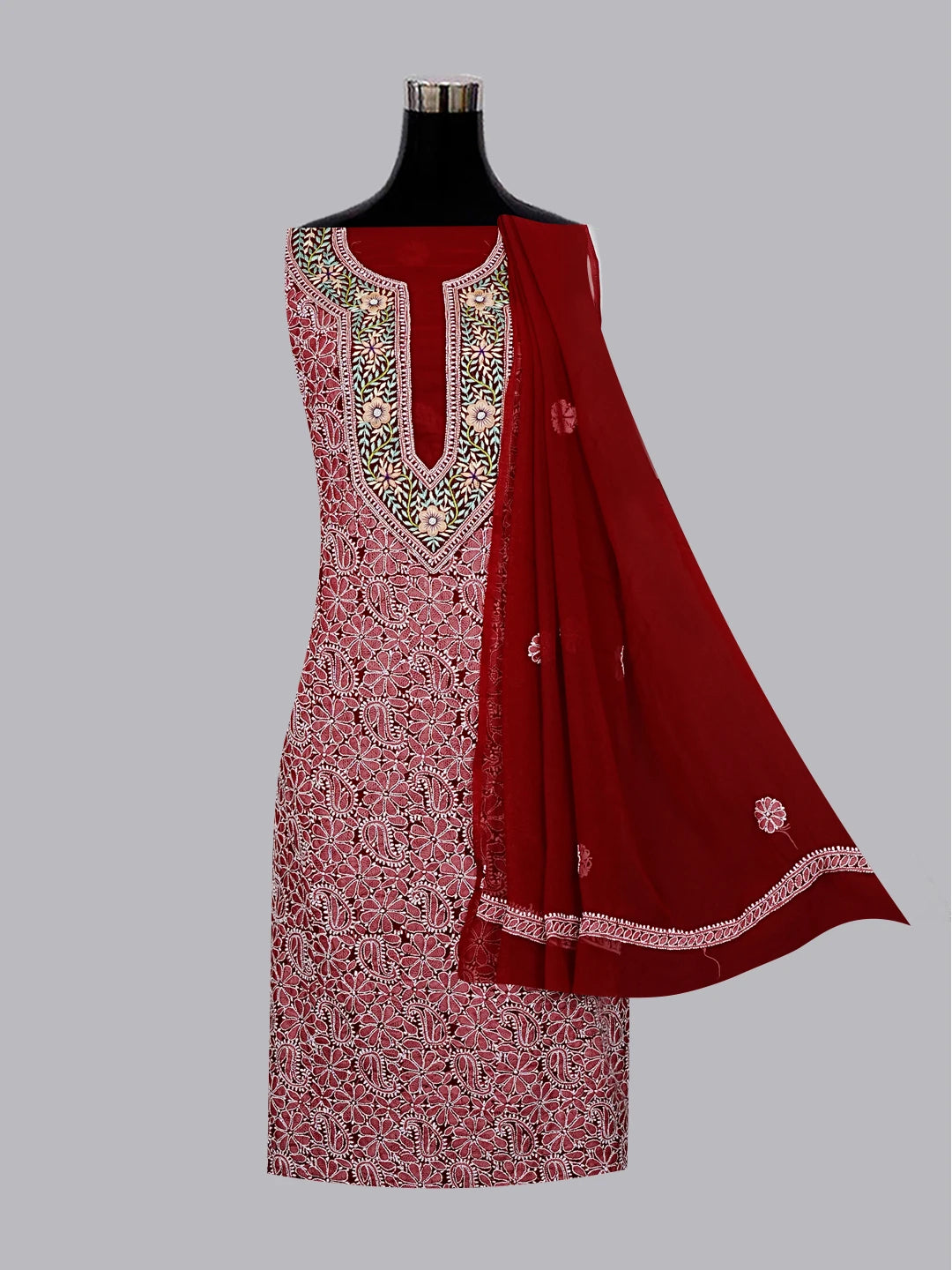 Ada Hand Embroidered Maroon Faux Georgette Lucknowi Chikankari Unstitched Suit Piece A211304
